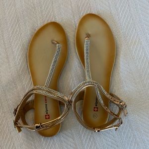 ALPINE SWISS WOMENS SLINGBACK T-STRAP RHINESTONE ANKLE STRAP THONG SANDALS
